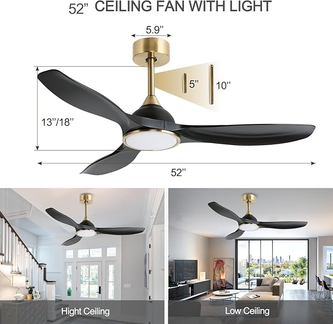 52 Inch Quiet DC Motor 6 Speed High CFM Ceiling Fan with Lights Remote Control, 3 Blade Black Gold Indoor Bedroom Modern Ceiling Fan