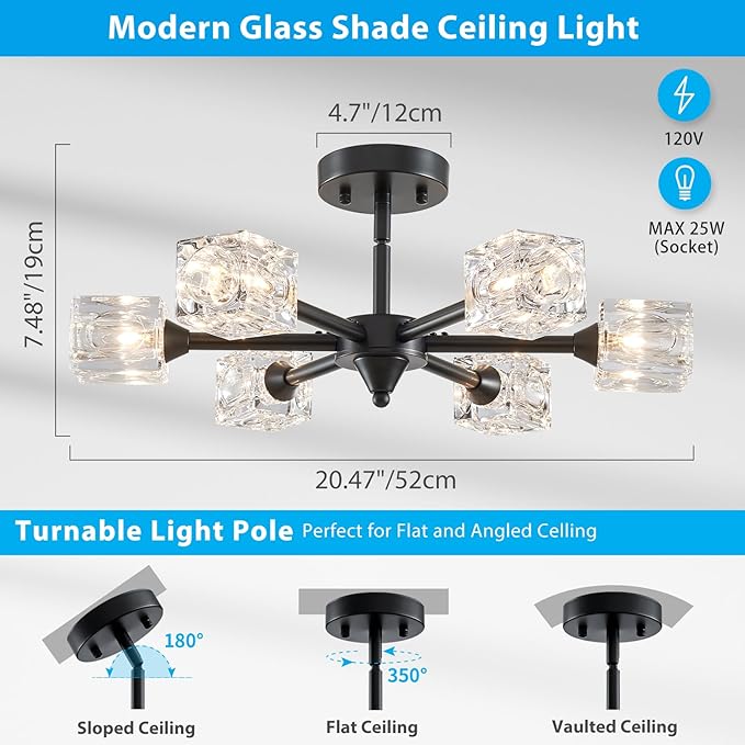 XINGQI Black Chandelier 6-Light 20" Semi Flush Mount Ceiling Light Fixture Modern Round Sputnik Chandelier for Bedroom Entryway Dining Room Living Room - Aura Lighting