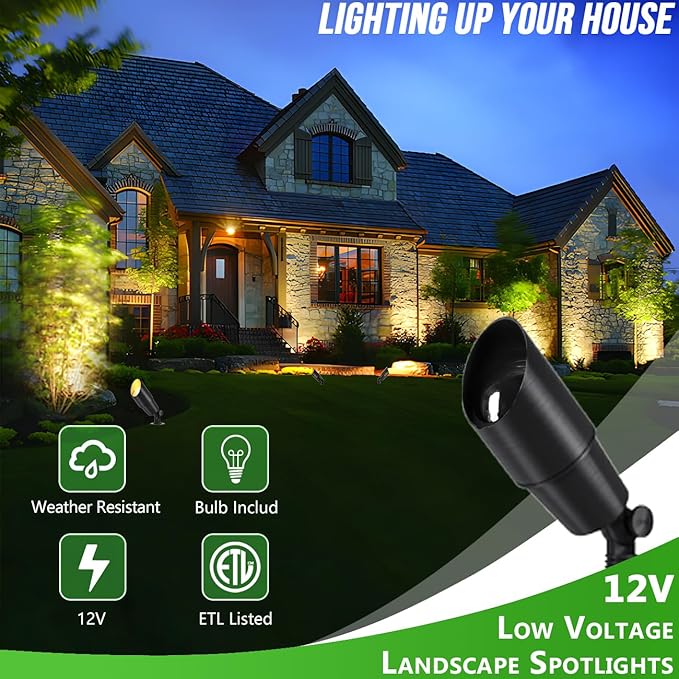 Wowlite 12V Low Voltage Landscape Lighting, Adjustable LED Outdoor Spotlights for House, IP65 Waterproof Matte Black Aluminum Garden Lighting for Trees, Yard, Patio (5W 2700K Warm White Bulb Included) - Aura Lighting