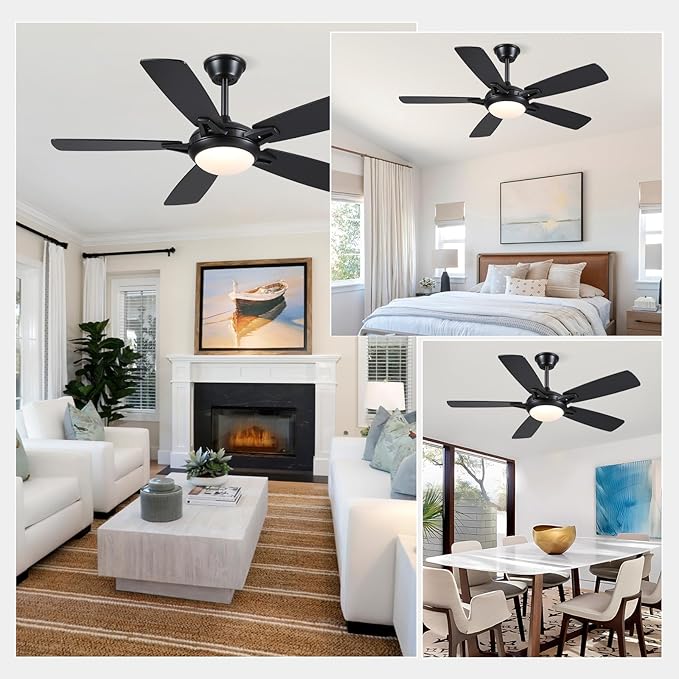 Ceiling Fans with Lights and Remote, 46 Inch Modern Ceiling Fan with Light, Black Ceiling Fans for Bedroom Living Room Indoor/Outdoor, Reversible Quiet Motor, Dimmable LED Light, Black