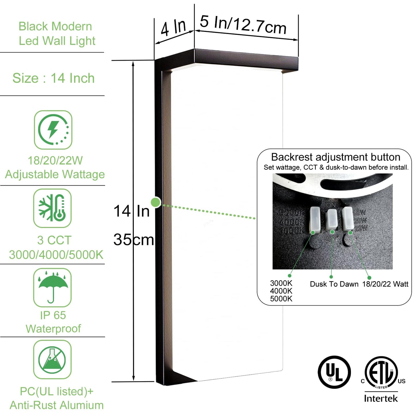 14in Dusk to Dawn Modern Black Outdoor Wall Light Fixtures