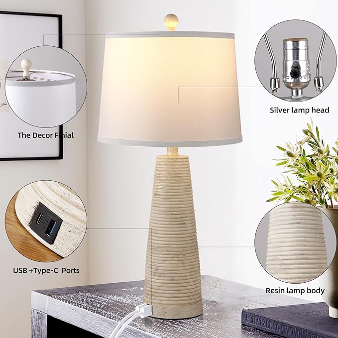 Terpsichore Nightstand Lamp Bedside Lamps Set of 2 Vintage Rustic Farmhouse Table Lamp 3 Way Dimmable Horizontal Stripe Light,for Living Room Bedroom,USB A+C (Pale Yellow, Hing 27 in)