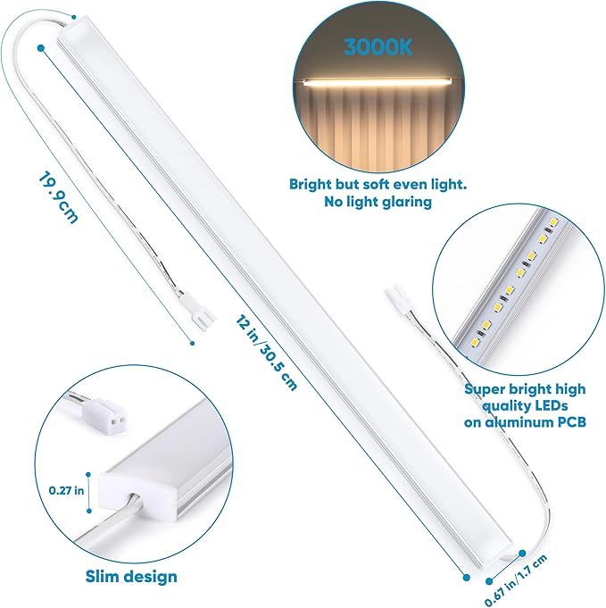 Litever Under Cabinet Lighting Kit Plug in, 6 pcs 12 Inches LED Light Bars. Super Bright Dimmable Linkable for Kitchen Undercabinet Counter Top Shelf Pantry Closet Display Lighting. Warm White 3000K - Aura Lighting