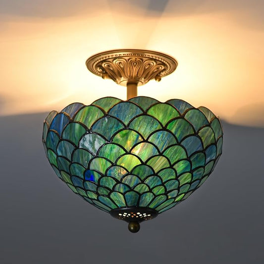 Sea Blue Fish Scales Tiffany Ceiling Light Fixture Stained Glass Semi Flush Mount Lamp W12 x H11 Inches Vintage Inspired Lighting Statement for Bedroom Hallway Entryway