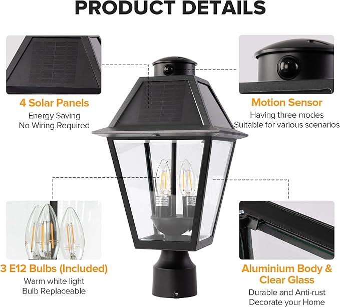 LUTEC Outdoor Solar Lamp Post Light with Motion Sensor, Dusk to Dawn Waterproof Pole Light Head with Three Modes, Exterior Black Solar Powered Fence Post Light Fixtures for Outside
