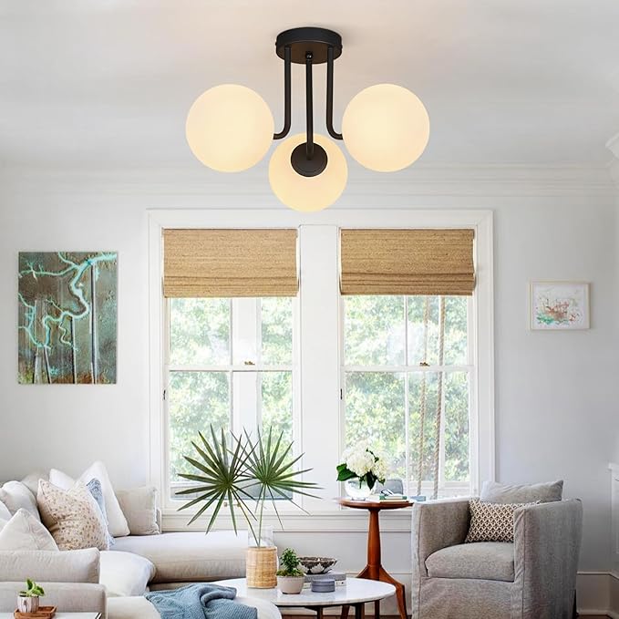 3-Light Modern Black Ceiling Light with Globe White Glass Shade Farmhouse Semi Flush Mount Ceiling Light Sputnik Chandeliers for Bedroom Living Room Dinning Room Foyer Hallway - Aura Lighting
