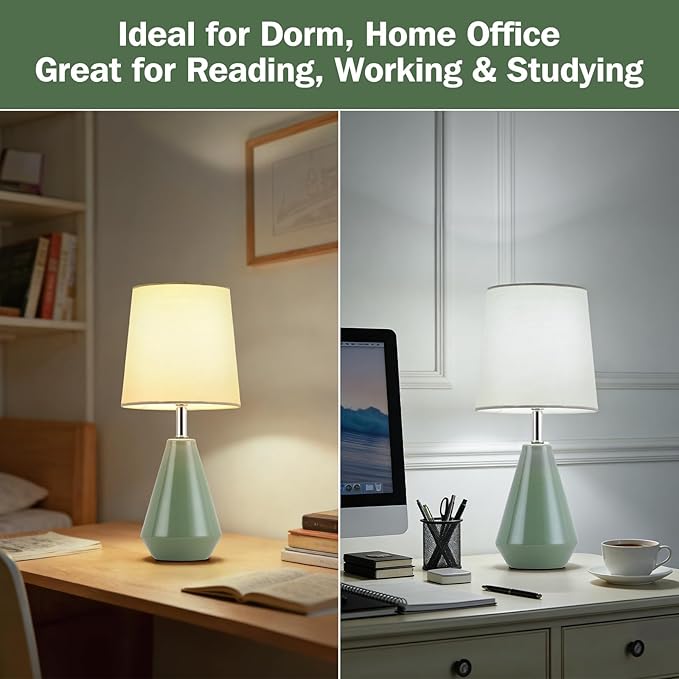 Small Bedside Table Lamp for Bedroom-Reading Desk Lamp Set of 2,with 3 Color Temperatures,15.5" Nightstand Ceramic Lamp with Fabric Shade for Kids Room,Living Room,Dorm,Home Office (Green)