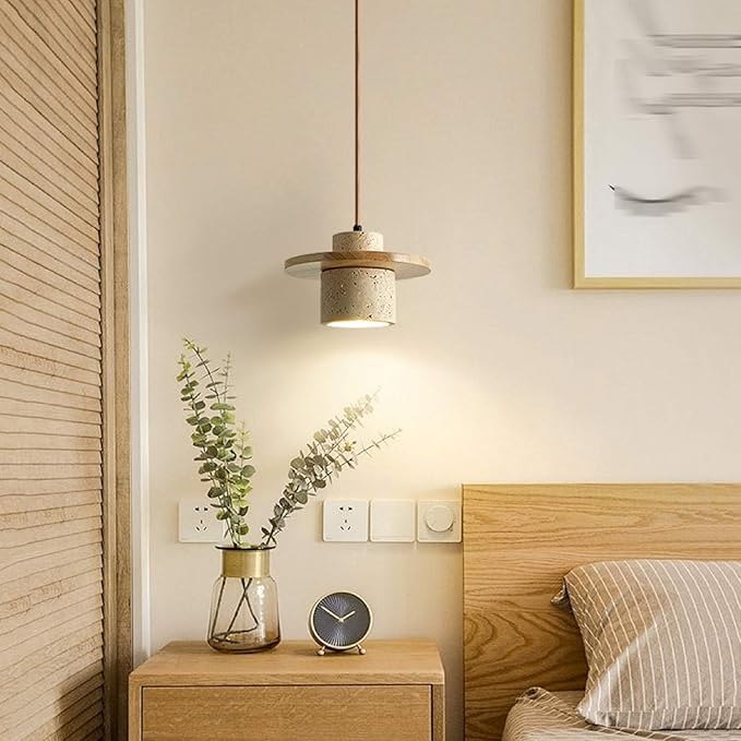 Wabi Sabi Black Natural Stone Pendant Light Travertine Lampshade Nordic Style Solid WoodNatural Yellow Travertine Hanging Lamp Dining Room Kitchens Island Hanging Lights