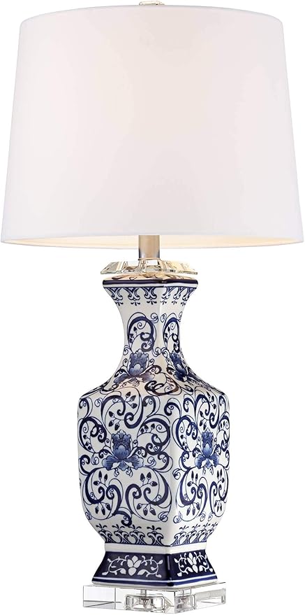 Barnes and Ivy Iris Asian Chinese Jar Style Table Lamps 28" Tall Set of 2 Blue Porcelain Crystal Geneva White Fabric Drum Shade Decor for Living Room Bedroom House Bedside Nightstand Home