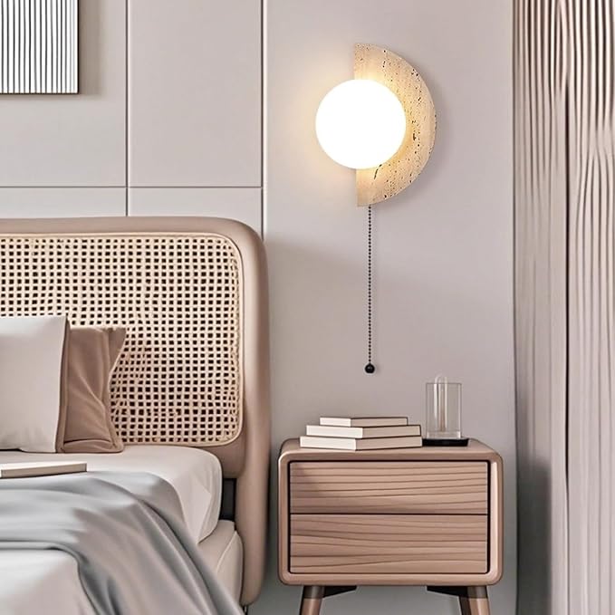 Semi Circle Yellow Travertine Wall Sconce, Wabi Sabi Marble Wall Light with Glass Lampshade and Pull Switch, Half Moon Natural Stone Wall Lamp for Bedroom Living Room Hallway(Right)