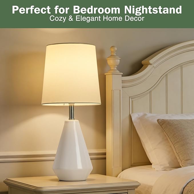 Small Bedside Table Lamp for Bedroom - Reading Desk Lamp with 3 Color Temperatures，15.5" Nightstand Ceramic Lamp with Fabric Shade for Kids Room,Living Room,Dorm,Home Office (White)