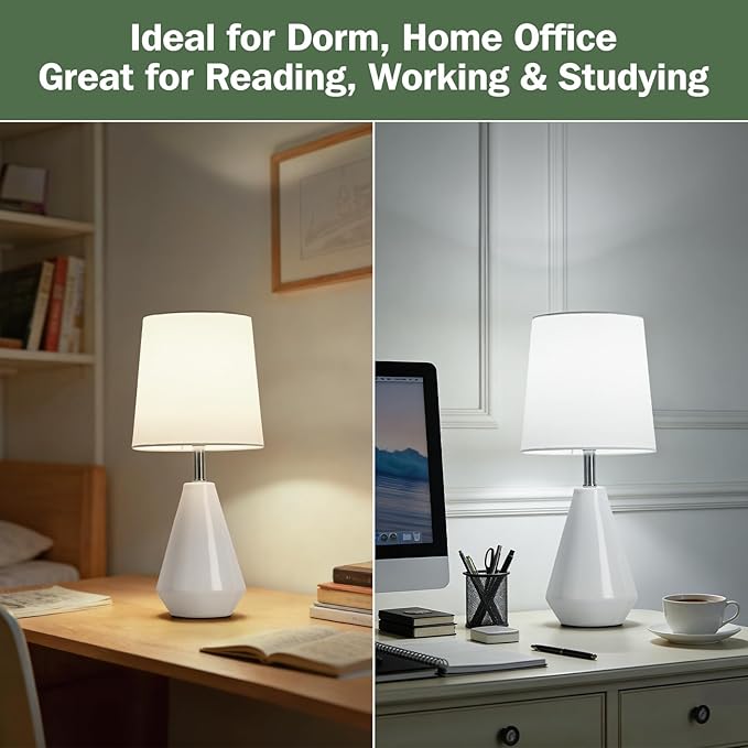 Small Bedside Table Lamp for Bedroom - Reading Desk Lamp with 3 Color Temperatures，15.5" Nightstand Ceramic Lamp with Fabric Shade for Kids Room,Living Room,Dorm,Home Office (White)