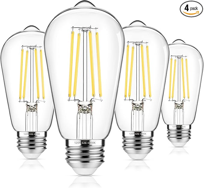 4-Pack Vintage Edison Bulbs 60W Equivalent, 850LM 6W LED Light Bulb Neutral White 4000K, ST58 Filament Lighting E26 Base, Non-Dimmable - Aura Lighting