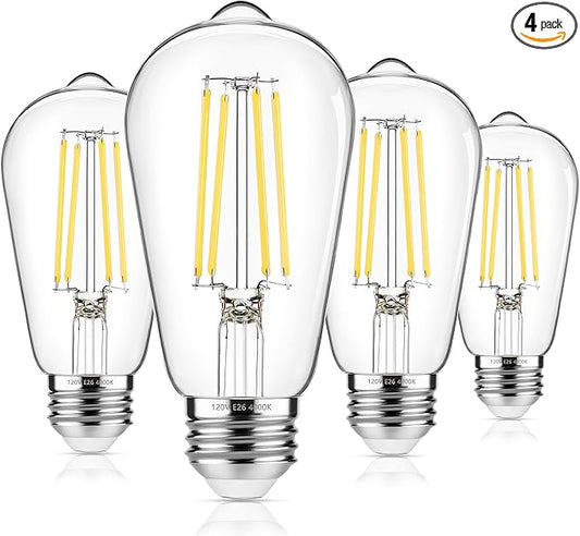 4-Pack Vintage Edison Bulbs 60W Equivalent, 850LM 6W LED Light Bulb Neutral White 4000K, ST58 Filament Lighting E26 Base, Non-Dimmable - Aura Lighting