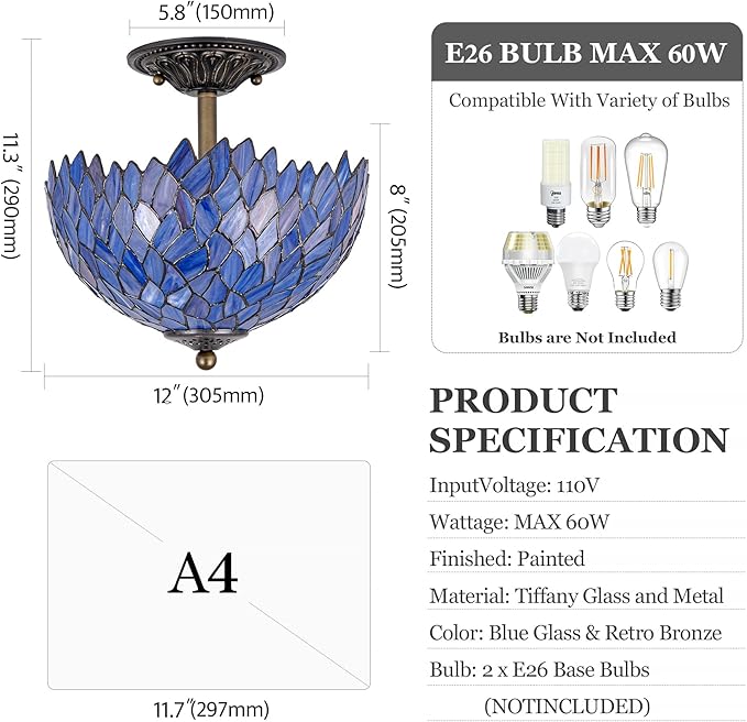 Wisteria Style Tiffany Ceiling Light Fixture Stained Glass Semi Flush Mount Lamp Wide 12 Inch Height 11 Inch Vintage Inspired Lighting Statement for Bedroom Hallway Entryway (Deep Blue)