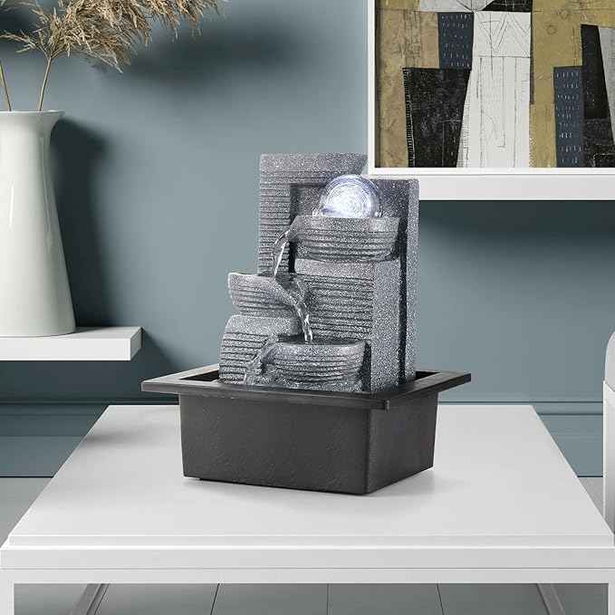 WICHEMI Tabletop Fountain Warer Fountains Indoor Waterfall Fountain Indoor Relaxing Water Feature Meditation Fountains with LED Light for Home Office Bedroom Decor (Style 7)