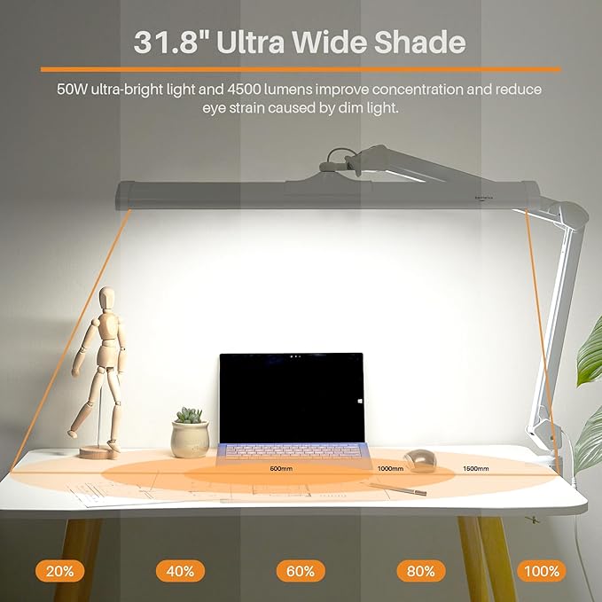 LED Architect Desk Lamp with Clamp, Metal Swing Arm 4500 Lumens Dimming Office Table Lamp for Task Work Drafting Reading Desktop, 342PCS Bright LEDs, 50W Workbench Lamp(White) - Aura Lighting