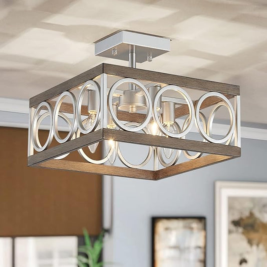 XINGQI Square Ceiling Lights 13'' Farmhouse Semi Flush Mount Ceiling Light Fixture Rustic Chandelier for Living Dining Room Bedroom, Antique Wood Grain & Brushed Nickel Finish, 4 E12 Bulbs - Aura Lighting