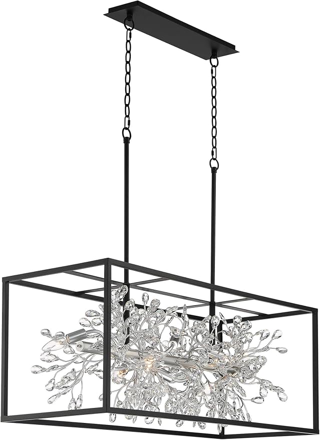 Possini Euro Design Carrine Black Silver Metal Rectangle Linear Pendant Chandelier 38 1/2" Wide Modern Clear Crystal Flower Vine 8-Light Fixture for Kitchen Island Dining Room House High Ceilings - Aura Lighting