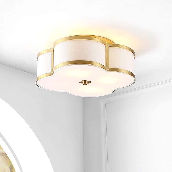 JONATHAN Y 13" Brass Gold Modern Scalloped LED Flush Mount Ceiling Light Fixture, White Linen Shade Quatrefoil Chandelier for Bedroom Living Room Kitchen Hallway Foyer (JYL9508B)
