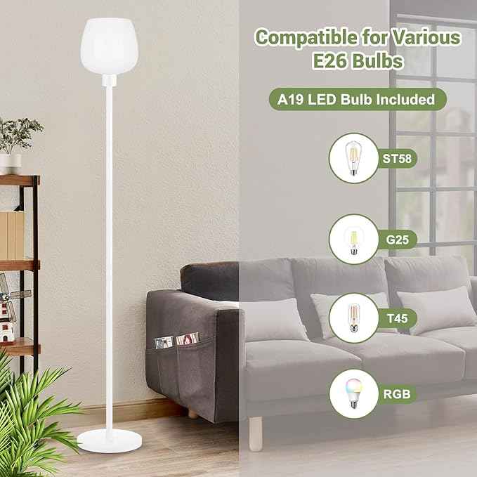 64.2'' White Floor Lamp, Modern Standing Lamp with Opal Glass shade, 3 Color Temperatures LED Bulb Included, Foot Pedal Switch, Tall Pole Standing Lamps for Living Room, Office, Bedroom, Home Decor