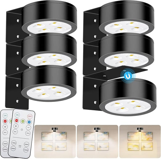 Wireless Battery Operated Painting Light with Remote Control,3 Lighting Modes Magnetic Led Art Display Light for Picture Frame, Dimmable and Timer, Wall Decor Display Light 6Pack Black
