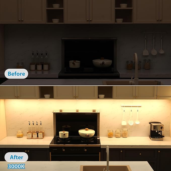 Litever Under Cabinet Lighting Kit Plug in, 6 pcs 12 Inches LED Light Bars. Super Bright Dimmable Linkable for Kitchen Undercabinet Counter Top Shelf Pantry Closet Display Lighting. Warm White 3000K - Aura Lighting