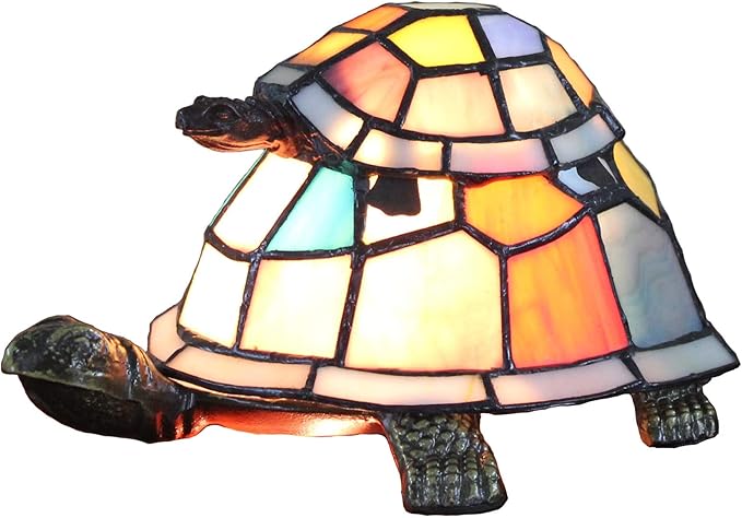 Bieye L10217 Tortoise Tiffany Style Stained Glass Accent Table Lamp for Bedside Living Room Bedroom (Multi-Colored Double)