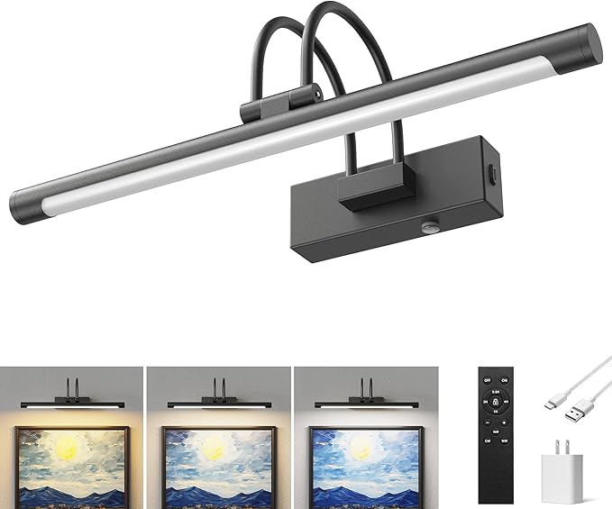 URSOLA 16” Picture Lights for Wall, 5200mAh Rechargeable Battery, Black Coldless Picture Light with Remote. 3CCT, Timer, Dimmer.