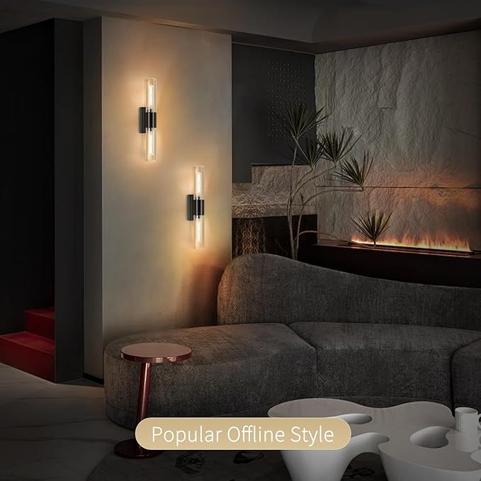 Bathroom Wall Sconces Set of Two Black , 21" Modern 2-Light Vanity Light Tube Wall Sconce, Clear Glass Indoor Hardwired Mounted Lamps for Living Room,Bedroom,Hallway-Black Clear (Bulb Not Included) - Aura Lighting