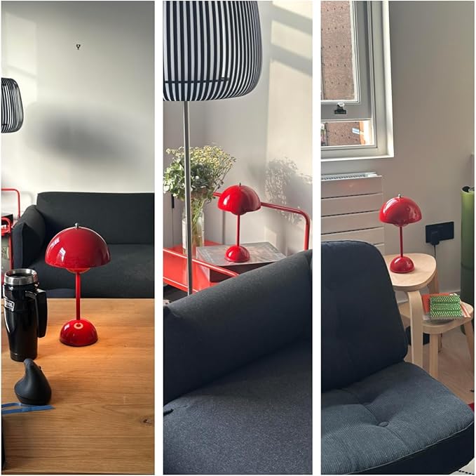 Flowerpot Lamp Modern Flower Bud 12" Cordless Touch Dimmable 2600mAh Rechargeable Desk Lamps Nordic Minimalist Mushroom Lamps Retro Nightstand Bedside Lamp for Bedroom Living Room(Vermilion Red)