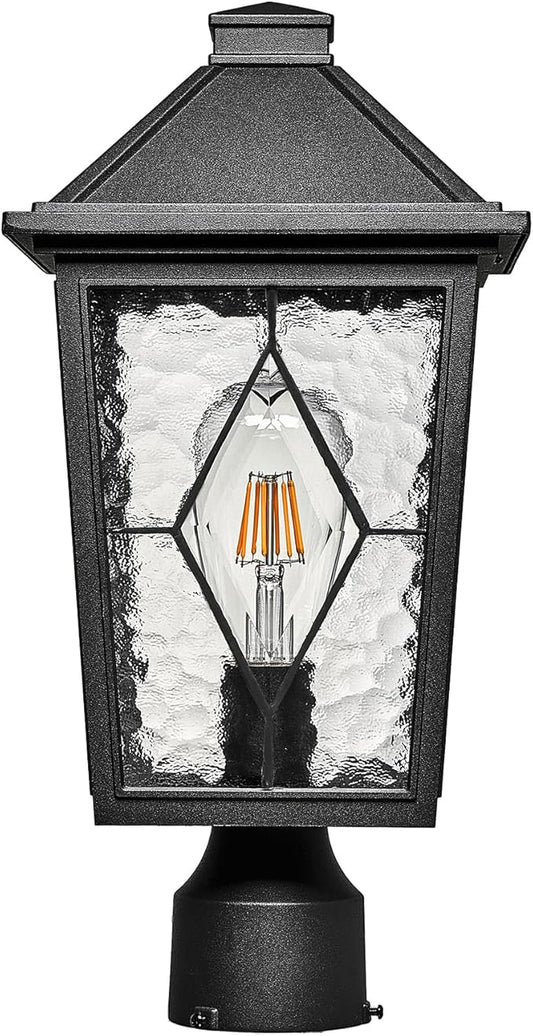 Outdoor Post Lights 13.6 Inch Modern Exterior Post Lantern Pillar Light with Water Ripple Glass Black Aluminum Pole Lights Outdoor