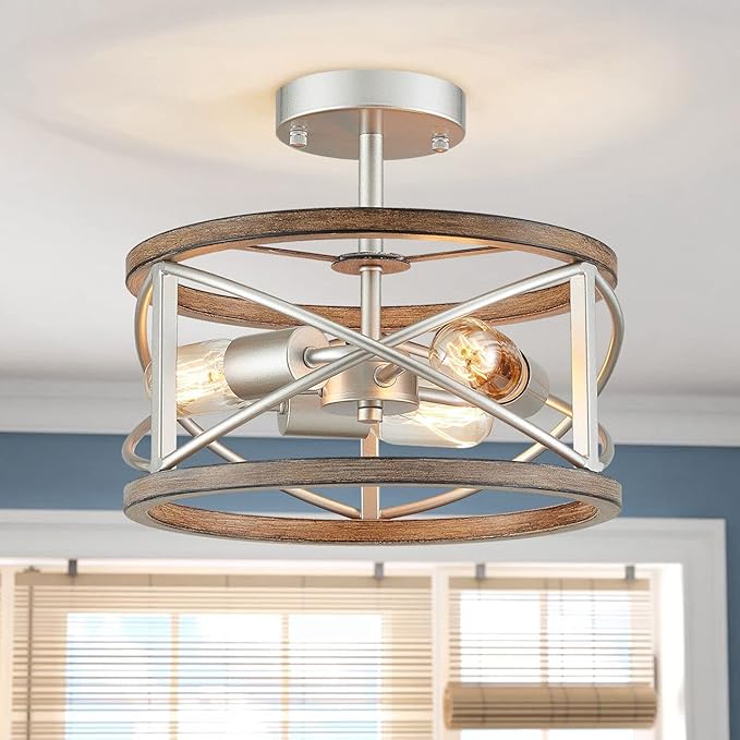 WUZUPS Chandelier 3-Light Vintage Farmhouse Industrial Imitation Wood Grain Semi-Flush Mount Ceiling Light Lighting Fixture for Foyer Hallway Storage Room Kitchen Bathroom, H 9.4" W 12", Nickel