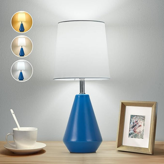 Small Bedside Table Lamp for Bedroom - Reading Desk Lamp with 3 Color Temperatures，15.5" Nightstand Ceramic Lamp with Fabric Shade for Kids Room,Living Room,Dorm,Home Office (Blue+White)