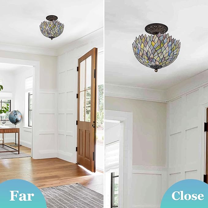 Wisteria Style Tiffany Ceiling Light Fixture Stained Glass Semi Flush Mount Lamp Wide 12 Inch Height 11 Inch Vintage Inspired Lighting Statement for Bedroom Hallway Entryway (Green)
