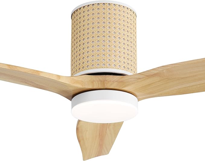 52" Ceiling Fan with Light - Low Profile Flush Mount Ceiling Fan, 6-Speed Remote Control, Solid Wood, Quiet Reversible DC Motor, Wood/White Finish, for Bedroom, Living Room, Porch - Aura Lighting