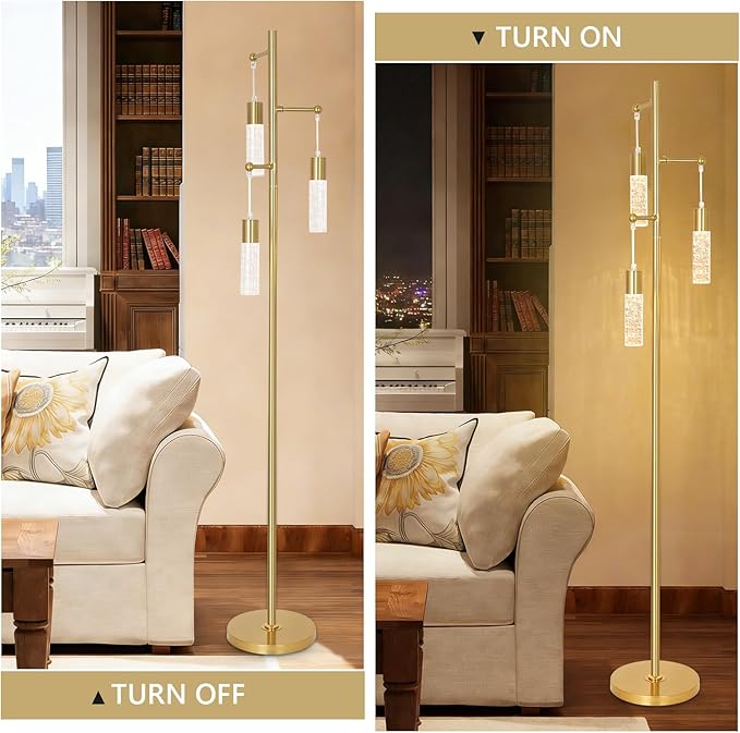 Gold Floor Lamps for Living Room, Modern Brass Standing Lamp with Bubble Crystal Shades, 3 Built-in LED Lights, ON/Off Foot Switch, Industrial Tall Tree Lamp for Bedroom Corner Home Office