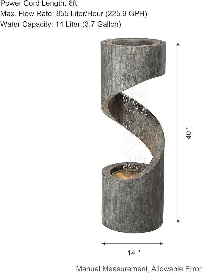 Glitzhome Outdoor Water Fountain with LED Light, Modern Spiral Tiered Outdoor Fountain with Stone Planter, Curved Freestanding Waterfall Fountains for Garden Patio Deck Porch, 40”H