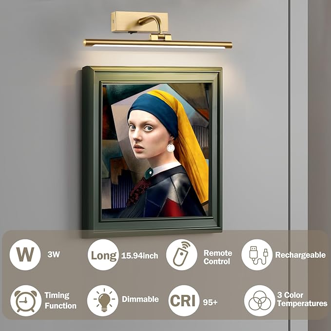 Wireless Picture Light for Wall Battery Operated Rechargeable Art Lights Dimmable Painting Lights Brass Gallery Light with Remote Wall Lights for Display, Artwork, Portrait (15.94Inch)