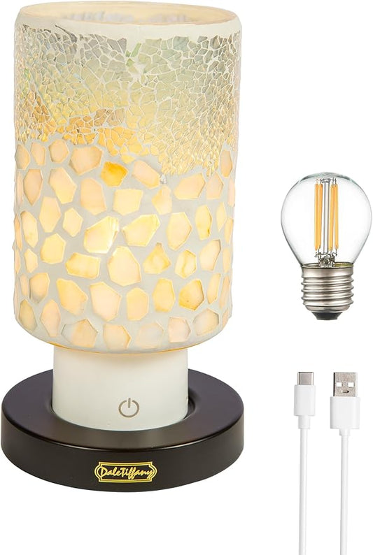 Dale Tiffany TAR24123 Alps White Uplight Mosaic Accent Lamp with Rechargeable Battery and 3-Level Brightness, Multicolor, 8.5-Inch Tall