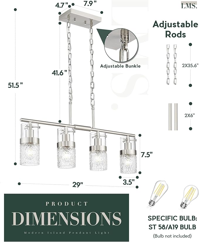 LMS 4-Light Brushed Nickel Island Chandelier Lights for Kitchen, Mid Century Pendant Light with Hammered Glass Shade, Farmhouse Dining Room Light Fixture, Kitchen Island, LMS-171BN-4 - Aura Lighting