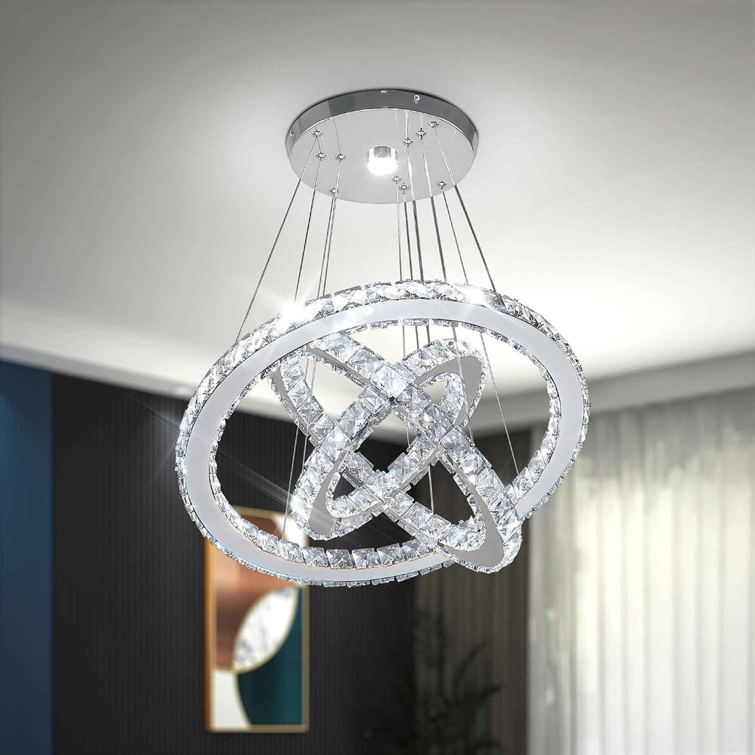 CLAIRDAI 3-Ring Adjustable Crystal Chandelier, Cool White LED | Modern stainless steel LED pendant light fixture for dining room, bedroom, living room, hallway