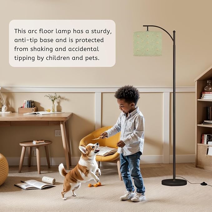 Floor Lamp Elegant Green Fan Delicate Floral Accents Flowers Arc Floor Lamp with Remote Modern Dimmable Standing Lamps for Living Room Bedroom Office Home Room Decor