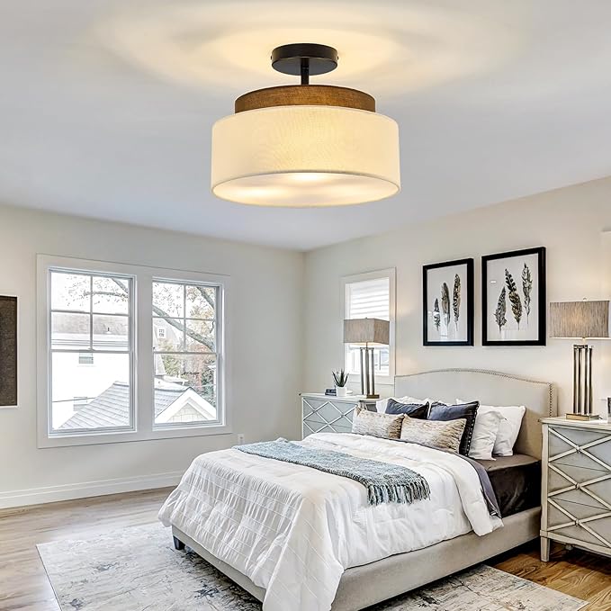 13" Double Drum 3-Light Semi Flush Mount Ceiling Light Fixture Farmhouse Fabric Chandelier with Linen Shade Rustic Black Ceiling Lamp for Bedroom Kitchen Dining Room Hallway Entryway - Aura Lighting