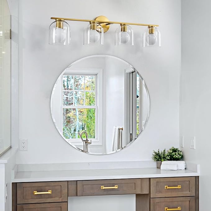 WOSHITU Bathroom Vanity Light Fixtures: 32.3 Inch Modern Brushed Gold Bathroom Light Fixtures Over Mirror with Clear Glass Shade, 4-Light Bathroom Lights Above Mirror