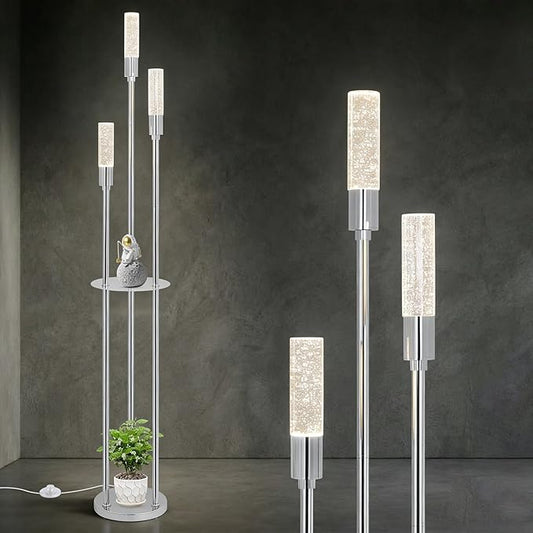 Bubble Crystal Floor Lamp with Shelves, 3 Lights Modern Standing Lamps for Living Room, Built-in LED Lights, Foot Switch, Industrial Tall Corner Floor Lamp for Bedroom Home Office, Silver