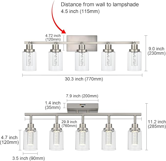 MELUCEE LED 5 Light Track Lighting Kit, Brushed Nickel Ceiling Spotlights Vanity Lights Modern Track Light Fixture with Flexibly Rotatable Heads, Built-in LED Chips, 5-Color Temperature Adjustable - Aura Lighting