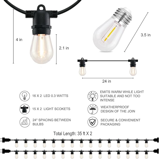 YULETIME 35 Feet 18 Sockets Patio String Lights with LED Bulbs, Weatherproof Backyard Light Bistro Lights (15 Lights - 2 Sets)