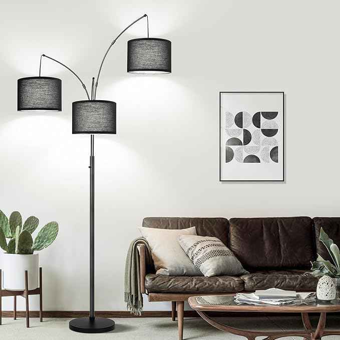 Dimmable Floor Lamp, 3 Lights Black Arc Floor Lamps for Living Room, Modern Tall Standing Tree Lamp with Black Shade & Heavy Base, Large Floor Lamp for Bedroom Office, 3x1000 LM LED Bulbs Included