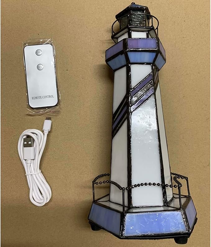 Bieye L10776 Lighthouse Tiffany Style Stained Glass Accent Table Lamp Night Light for Home Decoration (5x5x11, Blue)